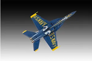 A bottom-view studio shot of a completed Revell 1/72 scale Blue Angels F/A-18 Hornet plastic model aircraft, showing the blue and yellow livery.