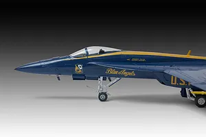 Side profile of a completed Revell 1/72 scale Blue Angels Boeing F/A-18 Super Hornet plastic model aircraft.