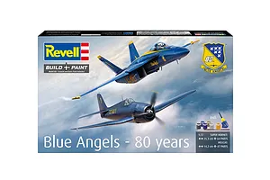 Revell 1/72 scale Blue Angels 80 Years model kit box featuring a Super Hornet and a Hellcat in flight.