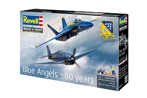 Revell 1/72 Blue Angels 80 Years model kit box showing a F/A-18 Super Hornet and a F6F Hellcat in flight.