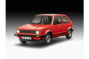 A studio shot of a 1/24 scale red Volkswagen Golf GTi plastic model car, featuring detailed exterior, black trim, and a WOB-GT 150 license plate.
