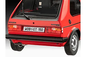 Rear view of a red 1/24 scale Revell VW Golf GTi model car showing the rear window, taillights, bumper, and license plate.