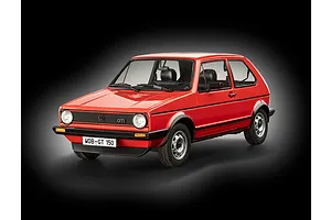 A studio shot of a 1/24 scale red Volkswagen Golf GTi model car, showing the front three-quarter view against a dark background.