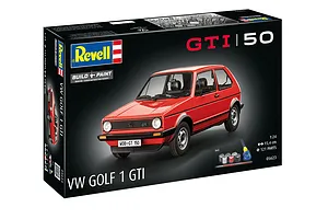 Revell 1/24 scale VW Golf 1 GTI model kit box featuring a red car on a black background.