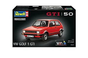 Revell 1/24 scale VW Golf 1 GTi plastic model kit box featuring a red car on a black background.