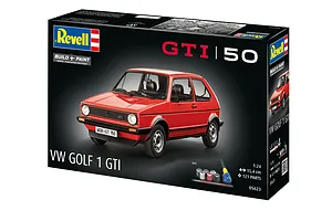 Revell 1/24 scale VW Golf 1 GTI plastic model kit box featuring a red model car, paint pots, glue, and brush.