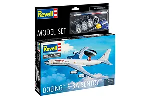 Revell 1/144 scale Boeing E-3A Sentry model kit box featuring a NATO aircraft illustration and included paint, glue, and brush accessories.