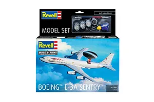 Revell 1/144 scale Boeing E-3A Sentry plastic model starter kit box showing the finished aircraft model and included paints and brush.