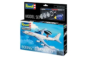 Revell 1/144 scale Boeing E-3A Sentry model kit box showing the aircraft in flight, including paint pots, brush, and glue.
