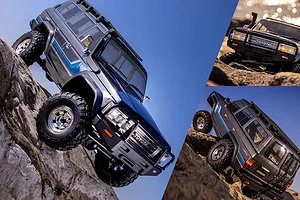 A composite image showing a Kyosho Toyota Land Cruiser 60 Series RC rock crawler in blue, climbing over rocky terrain against a clear blue sky.