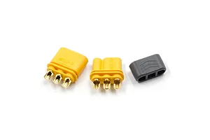 A set of MR30 male and female connectors with a protective cover on a white background.