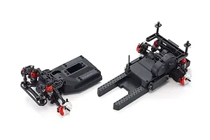 Disassembled chassis components of a Kyosho Fazer D2 RC drift car, showing the front suspension assembly and main rear chassis section.