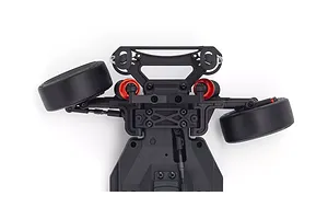 Top-down view of the front suspension and steering assembly of a Kyosho Fazer D2 RC drift car chassis on a white background.