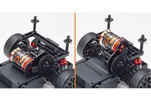 Close-up of the rear motor mount and drivetrain assembly on a Kyosho Fazer D2 RC drift car chassis, showing two different motor mounting positions.