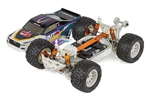 Team Associated Rival MT10 RC monster truck kit shown with its chassis and painted body shell separated on a white background.