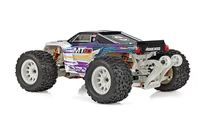 Team Associated Rival MT10 monster truck RC car with a white, purple, and yellow body, shown from a rear three-quarter angle on a white background.