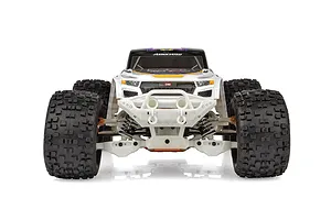 Front view of the Team Associated Rival MT10 Classic RC monster truck, showing its white chassis, large knobby tires, and detailed body shell.
