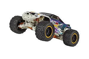 Team Associated Rival MT10 1/10 scale RC monster truck with a white, purple, and black body shell, off-road tires, and orange shock absorbers.