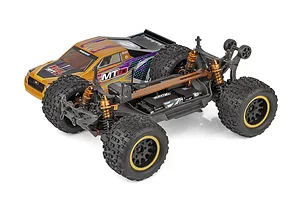 Team Associated Rival MT10 Factory Team RC monster truck with gold and purple body shell, black chassis, and off-road tires on a white background.