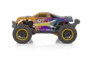 Side profile of the Team Associated Rival MT10 Factory Team RC monster truck with orange and purple bodywork on a white background.