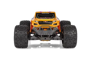Front view of the Team Associated Rival MT10 Factory Team RC monster truck with an orange body shell and large off-road tires.