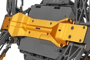 Close-up of the gold anodized aluminum chassis brace on a Team Associated Rival MT10 RC monster truck.