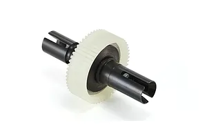 A Kyosho RC car differential assembly featuring a white plastic spur gear mounted on a black metal shaft with drive cups on both ends.