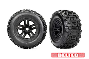 Traxxas 3.8&amp;quot; Sledgehammer Belted Tyres on Black Rims - Glued Wheels 2Pcs
