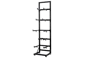 A tall, black metal RC car display rack with five adjustable tiers for storing multiple remote control vehicles.