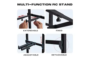 A four-panel instructional graphic showing the features of a black metal multi-function RC car stand, including extendable, fixed, adjustable, and detachable parts.