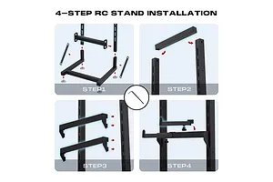 A four-step installation diagram for an FMS metal RC car rack, showing assembly of the base, vertical supports, and adjustable arms with an included hex key.