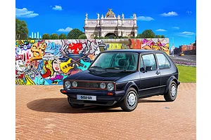 An artistic illustration of a dark blue 1983 VW Golf GTI parked in front of a graffiti-covered wall and a classical stone archway.
