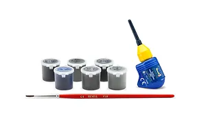 A set of Revell model building accessories including six small paint pots, a bottle of Contacta Professional glue, and a red paintbrush.