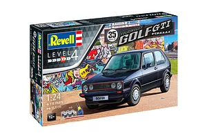 Revell 1/24 scale 1983 VW Golf GTI Pirelli 35th Anniversary plastic model kit box showing a dark blue model car against a graffiti wall background.