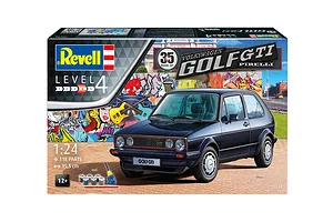 Revell 1/24 scale 1983 VW Golf GTI Pirelli 35th Anniversary model kit box showing a dark blue model car in front of a graffiti wall.