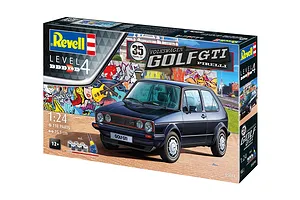 Revell 1/24 scale 1983 VW Golf GTI Pirelli 35th Anniversary model kit box showing a dark blue car against a graffiti wall background.