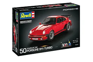 Revell 1/24 scale 1975 Porsche 911 Turbo 50th Anniversary model kit box showing a red Porsche 911 on a black background.