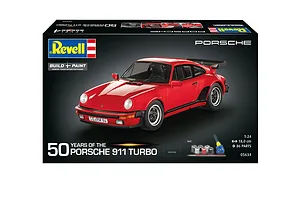 Revell 1/24 scale 1975 Porsche 911 Turbo 50th Anniversary model kit box showing a red sports car model.