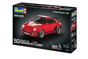 Revell 1/24 scale 1975 Porsche 911 Turbo 50th Anniversary model kit box showing a red car model, paints, glue, and brush.