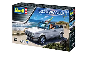 Revell 1/24 scale 1974 VW Golf 1 model kit box featuring artwork of a silver convertible VW Golf with a surfboard on a coastal road.