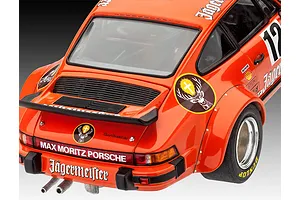 Rear view of a 1/24 scale Porsche 934 RSR Jägermeister model car showing the rear spoiler, engine vents, and racing decals.