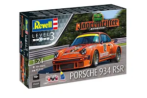 Revell 1/24 scale Porsche 934 RSR Jägermeister model kit box showing the orange race car on a track with included paints, glue, and brush.