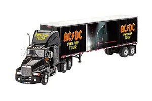 A 1/32 scale model of a black Kenworth semi-truck with a trailer featuring AC/DC Power Up Tour branding and graphics.