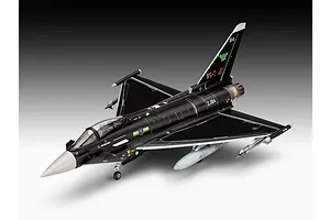 A completed 1/144 scale plastic model of a black RAF Eurofighter Typhoon fighter jet, displayed against a gradient grey background.
