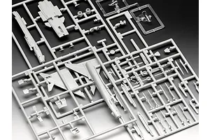 Grey plastic model kit sprues for a 1/144 scale Eurofighter Typhoon aircraft, showing wings, fuselage, and weapon components on a gradient background.