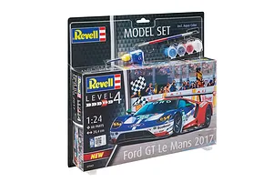 Revell 1/24 scale Ford GT Le Mans 2017 model car starter kit in blister packaging, including paints, glue, and a paintbrush.
