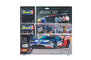 Revell 1/24 scale Ford GT Le Mans 2017 plastic model starter kit in its original retail packaging, including paint pots, glue, and a paintbrush.