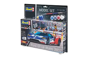 Revell 1/24 scale Ford GT Le Mans 2017 plastic model starter kit in blister packaging with included paint, glue, and brush.