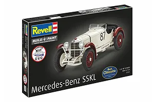 Revell 1/32 scale Mercedes-Benz SSKL model car starter kit box showing the assembled white and red vintage race car.