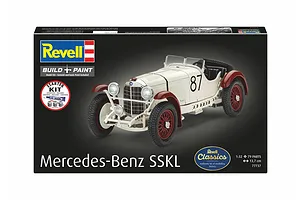 Revell 1/32 scale Mercedes-Benz SSKL model kit packaging showing a finished white and red vintage race car model.